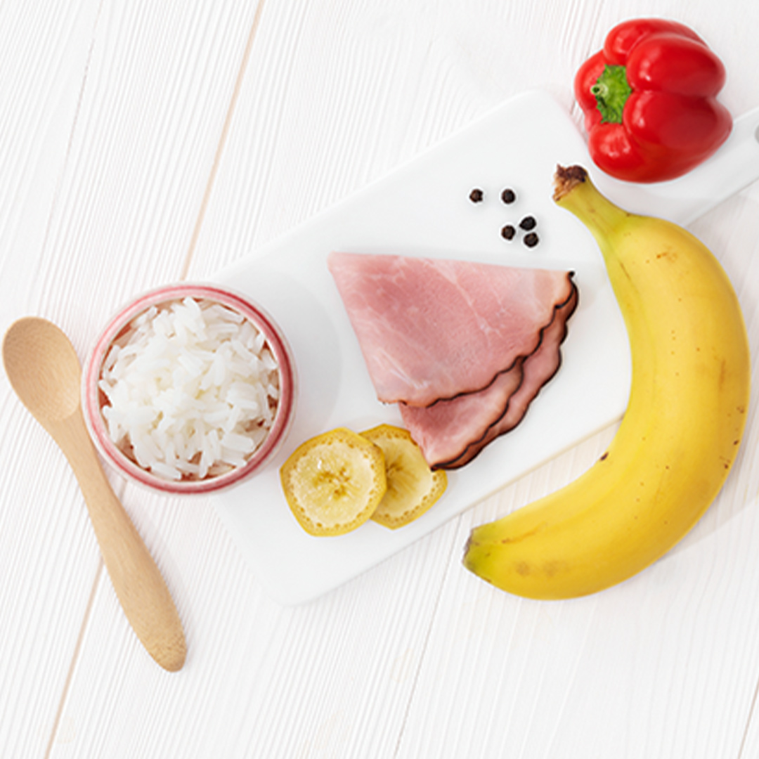Dish with rice, ham and banana