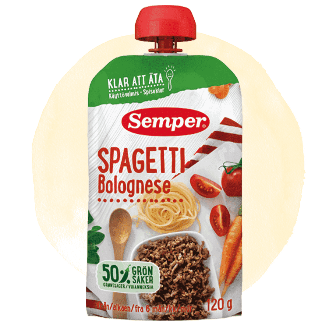 Spaghetti Bolognese i klämpåse - från Semper Barnmat