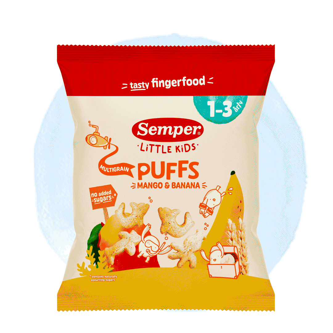 Little Kids Multigrain puffs Mango & Banan från Semper Barnmat